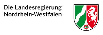 Links oben: Text - Die Landesregierung Nordrhein-Westfalen, Rechts: Wappen NRW